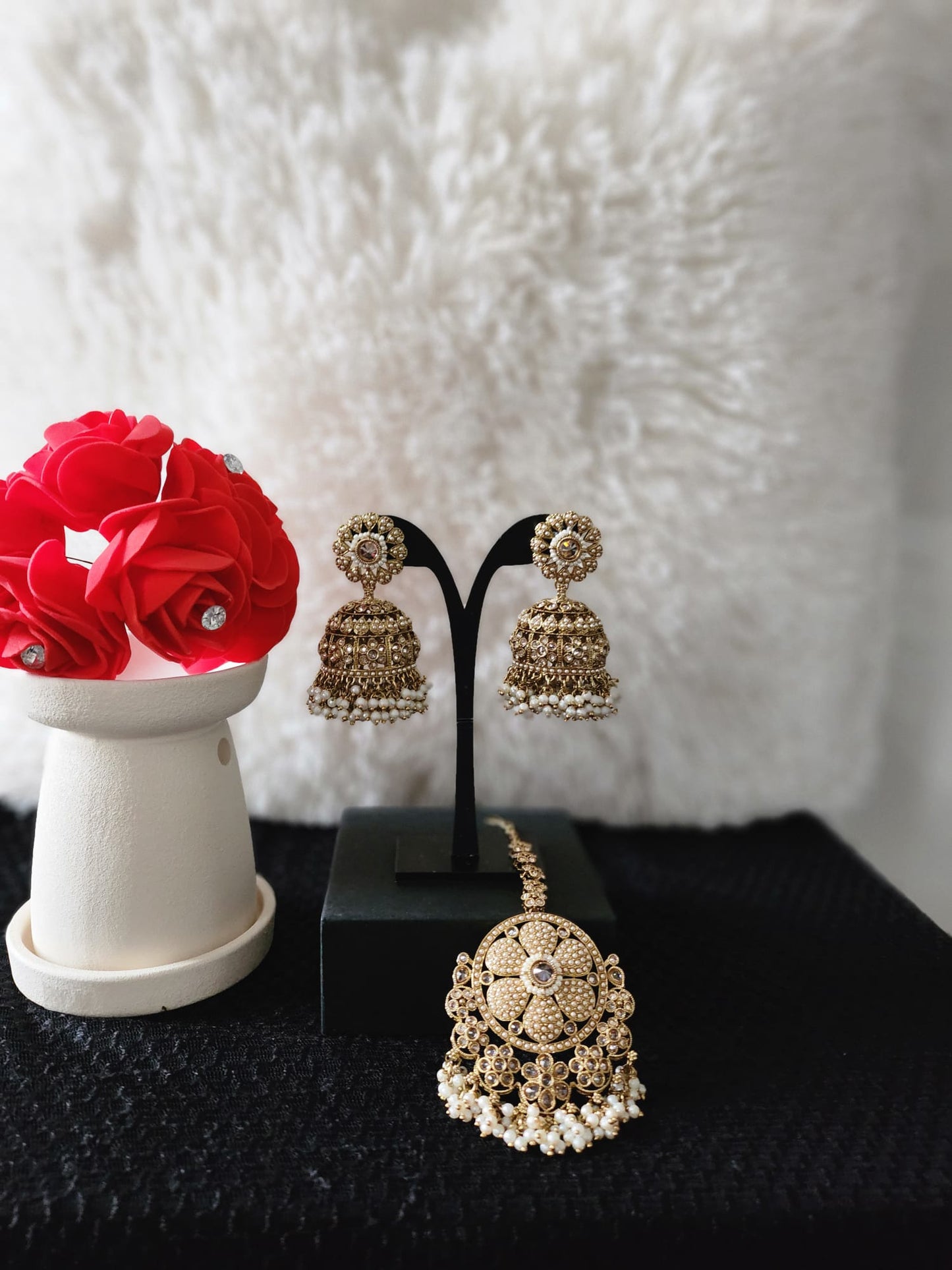 Elegant Gold - plated Zumki Earrings and Tikka Set with Pearl Accents