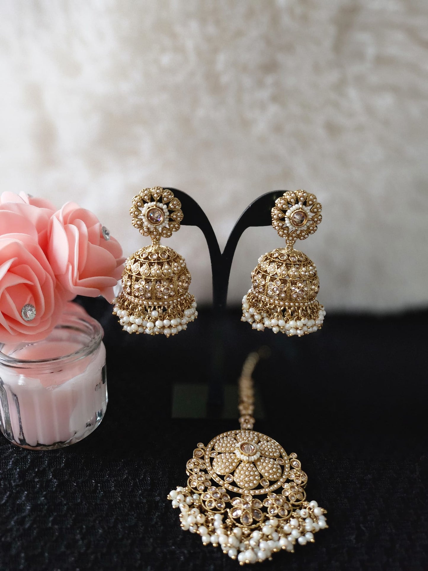 Elegant Gold - plated Zumki Earrings and Tikka Set with Pearl Accents