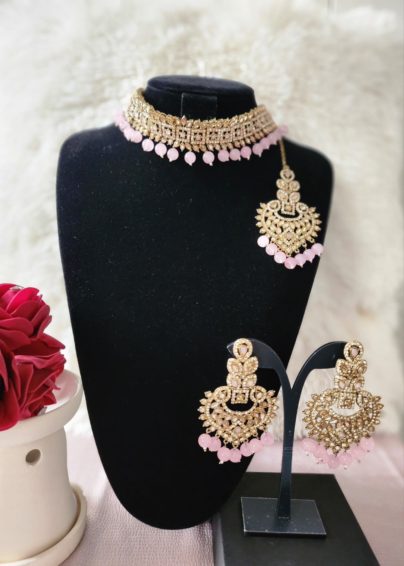 Elegant Vibrant Colour Gold Choker Set with Matching Earrings and Tikka