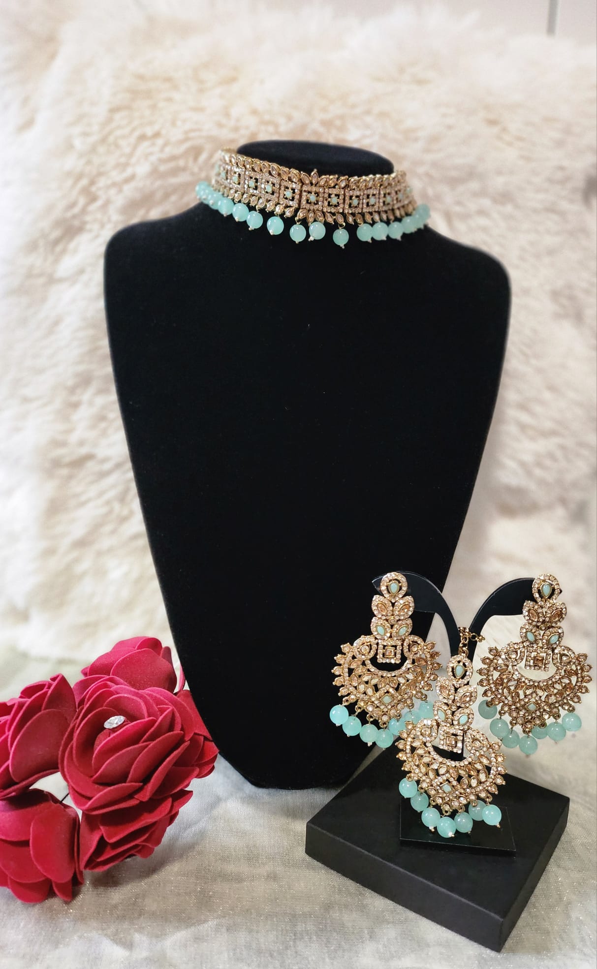 Elegant Vibrant Colour Gold Choker Set with Matching Earrings and Tikka