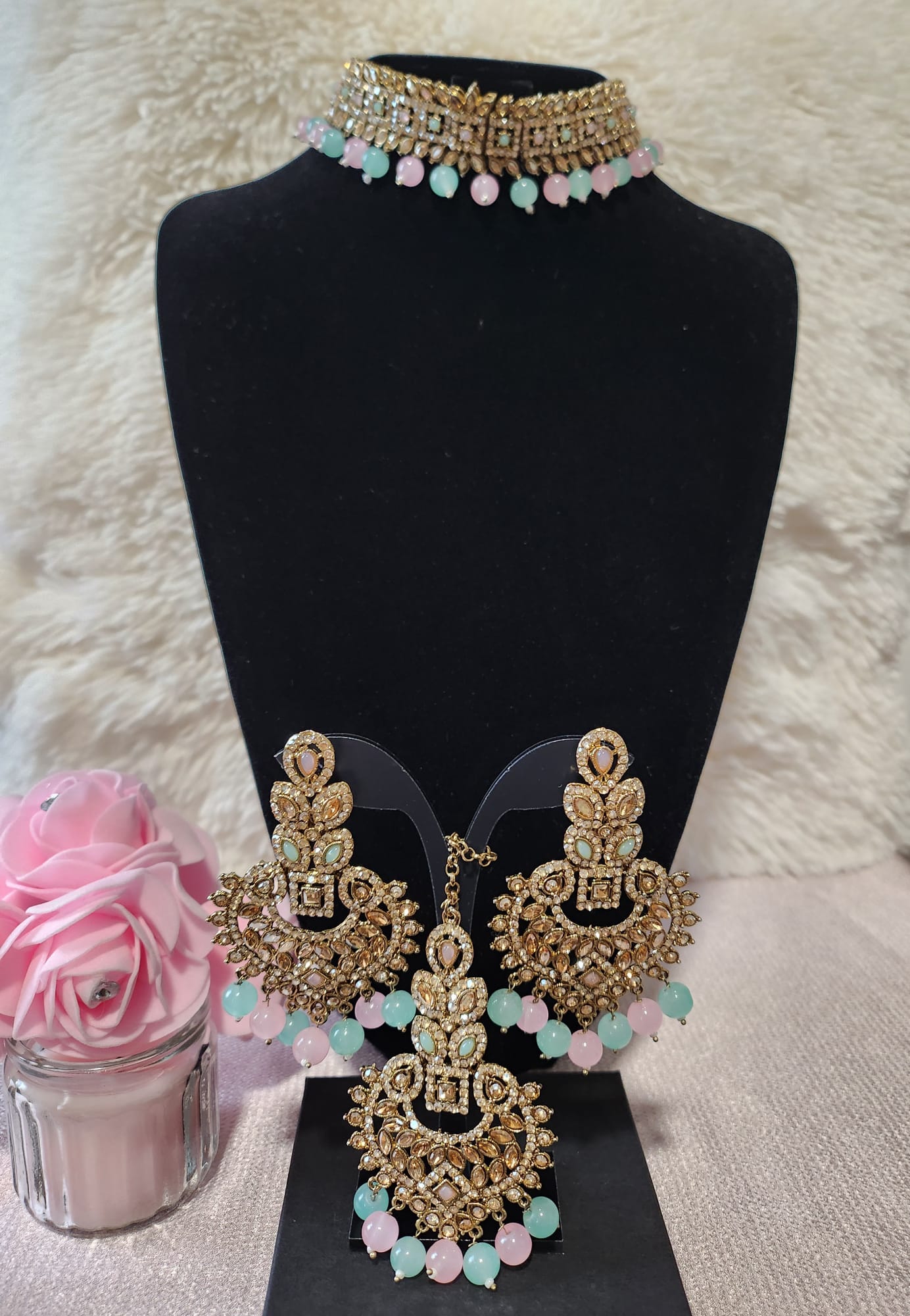 Elegant Vibrant Colour Gold Choker Set with Matching Earrings and Tikka