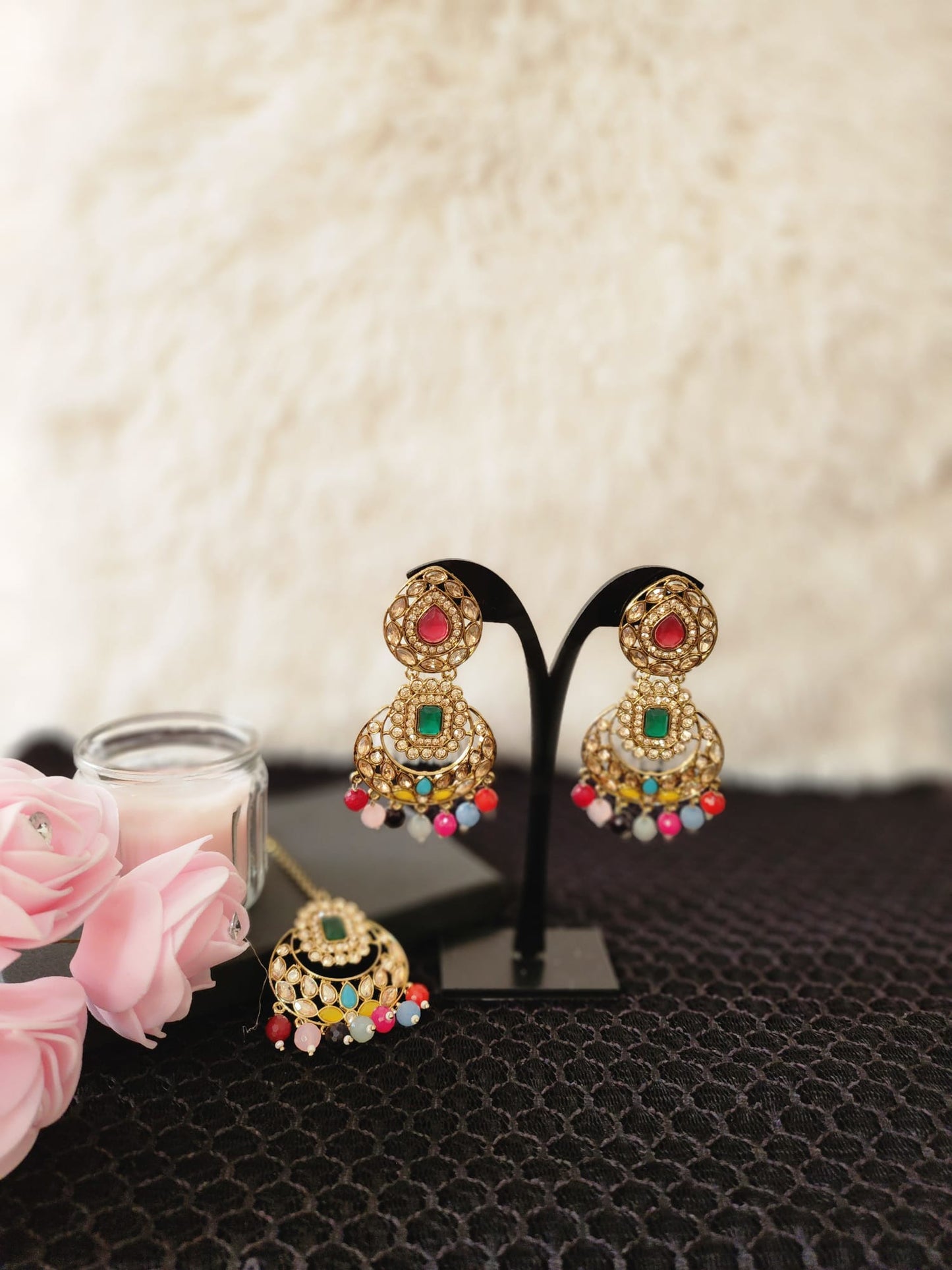 Elegant Kundan Earrings & Tikka with Beads for Women - Available in Multiple Colours