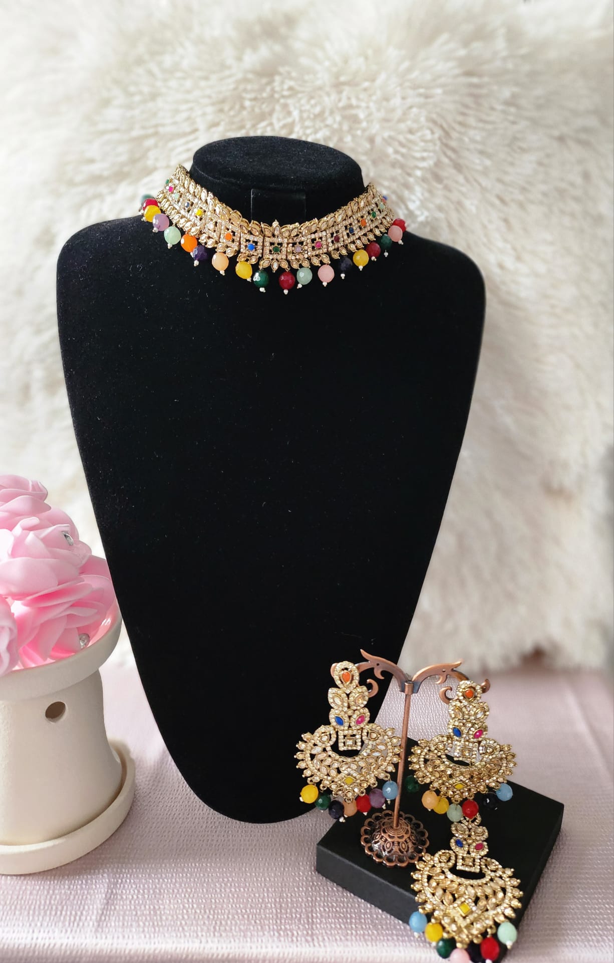 Elegant Vibrant Colour Gold Choker Set with Matching Earrings and Tikka