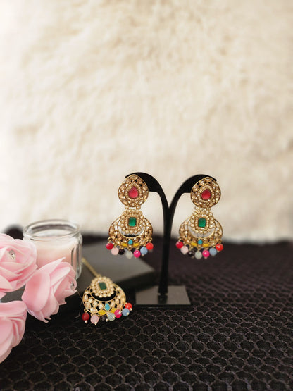 Elegant Kundan Earrings & Tikka with Beads for Women - Available in Multiple Colours