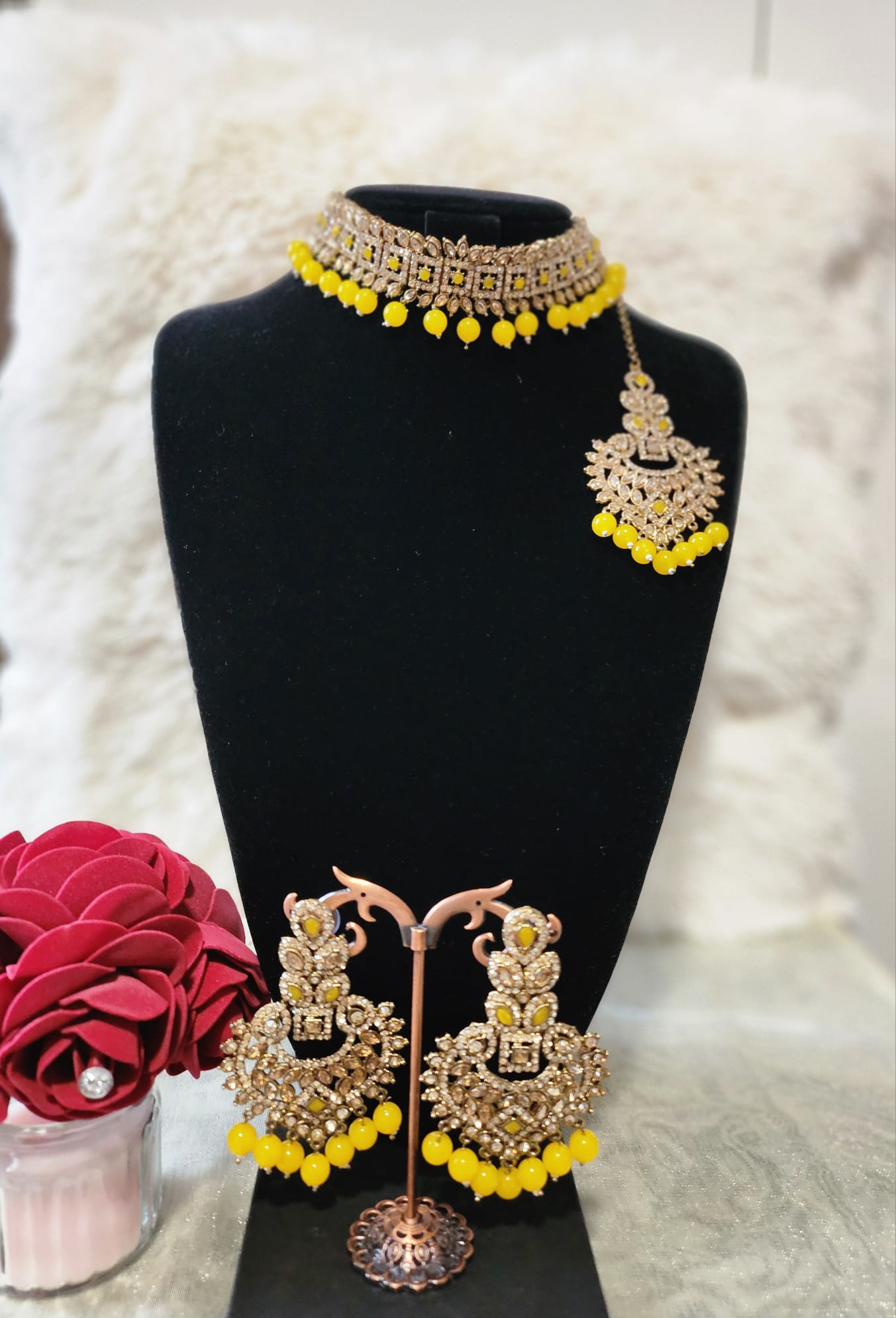 Elegant Vibrant Colour Gold Choker Set with Matching Earrings and Tikka